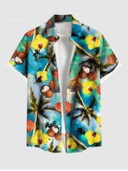 Plus Size Coconut Tree Sea Shell Flower Print Hawaii Button Pocket Shirt For Men -  
