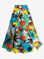 Jupe trapèze fendue hawaïenne à imprimé coquillages et noix de coco grande taille - Bleu Ciel S