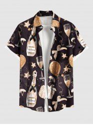 Chemise grande taille pour homme, motif ballons, nœud papillon et imprimé vin, poche boutonnée, idéale pour les fêtes du Nouvel An. - Noir XL