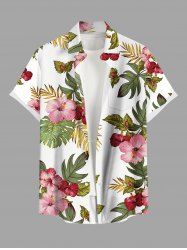 Chemise à poches boutons grande taille pour homme, imprimée de fleurs d'hibiscus et de feuilles tropicales, style hawaïen. - Blanc 4XL