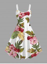 Robe trapèze hawaïenne à imprimé floral tropical et feuilles d'hibiscus grande taille - Blanc 6X