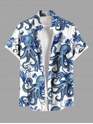 Chemise hawaïenne à poches boutons, imprimé pieuvre et fleurs d'hibiscus, grande taille, pour homme - Bleu Ciel 3XL
