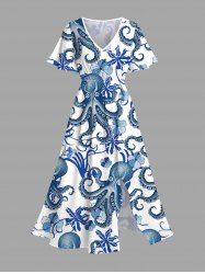 Robe midi trapèze grande taille à imprimé hibiscus et pieuvre, style hawaïen, avec poches fendues - Bleu Ciel 1X