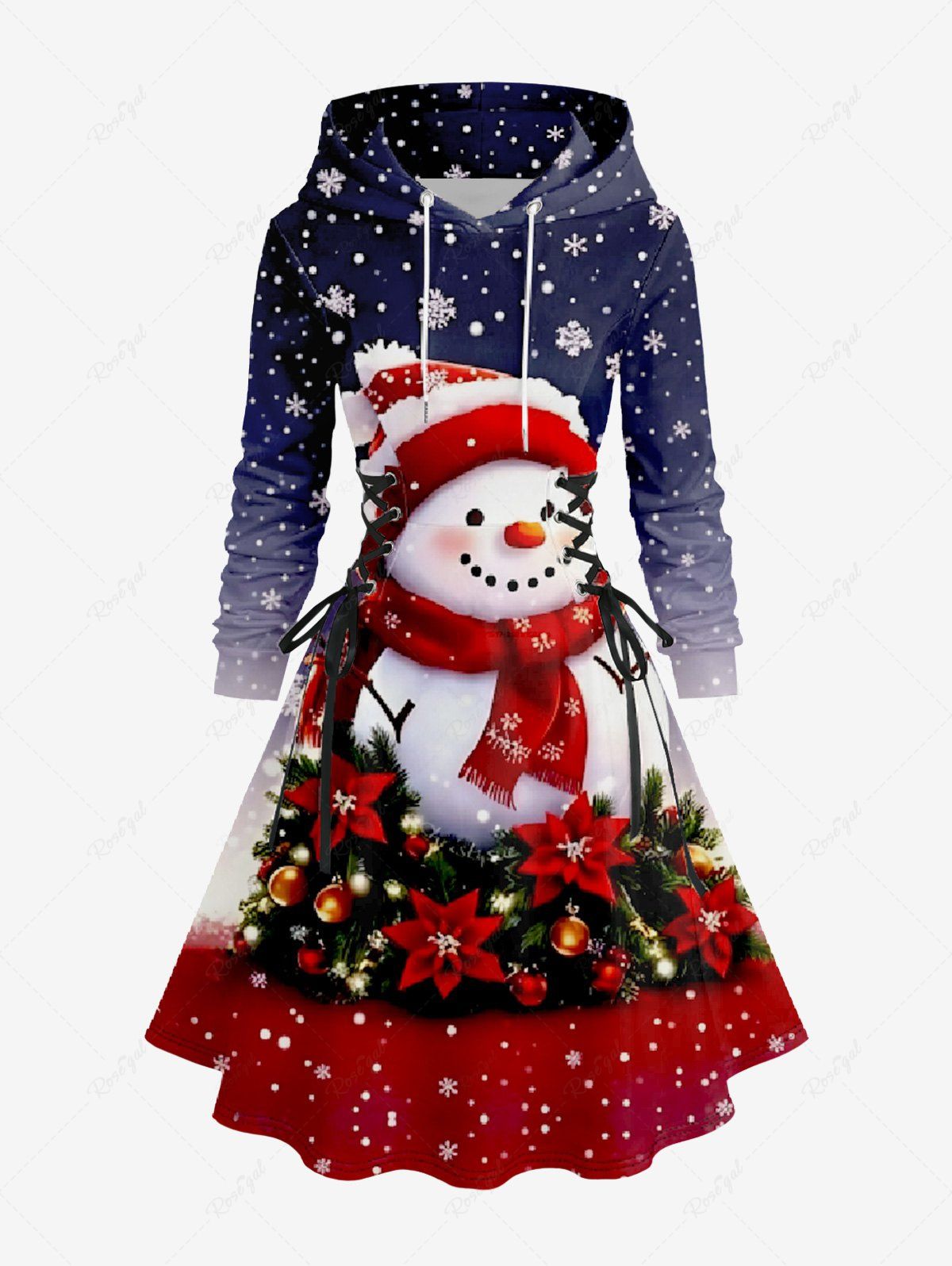 Robe à capuche grande taille à imprimé bonhomme de neige, flocons de neige et fleurs, laçage et cordon de serrage Rouge 6X
