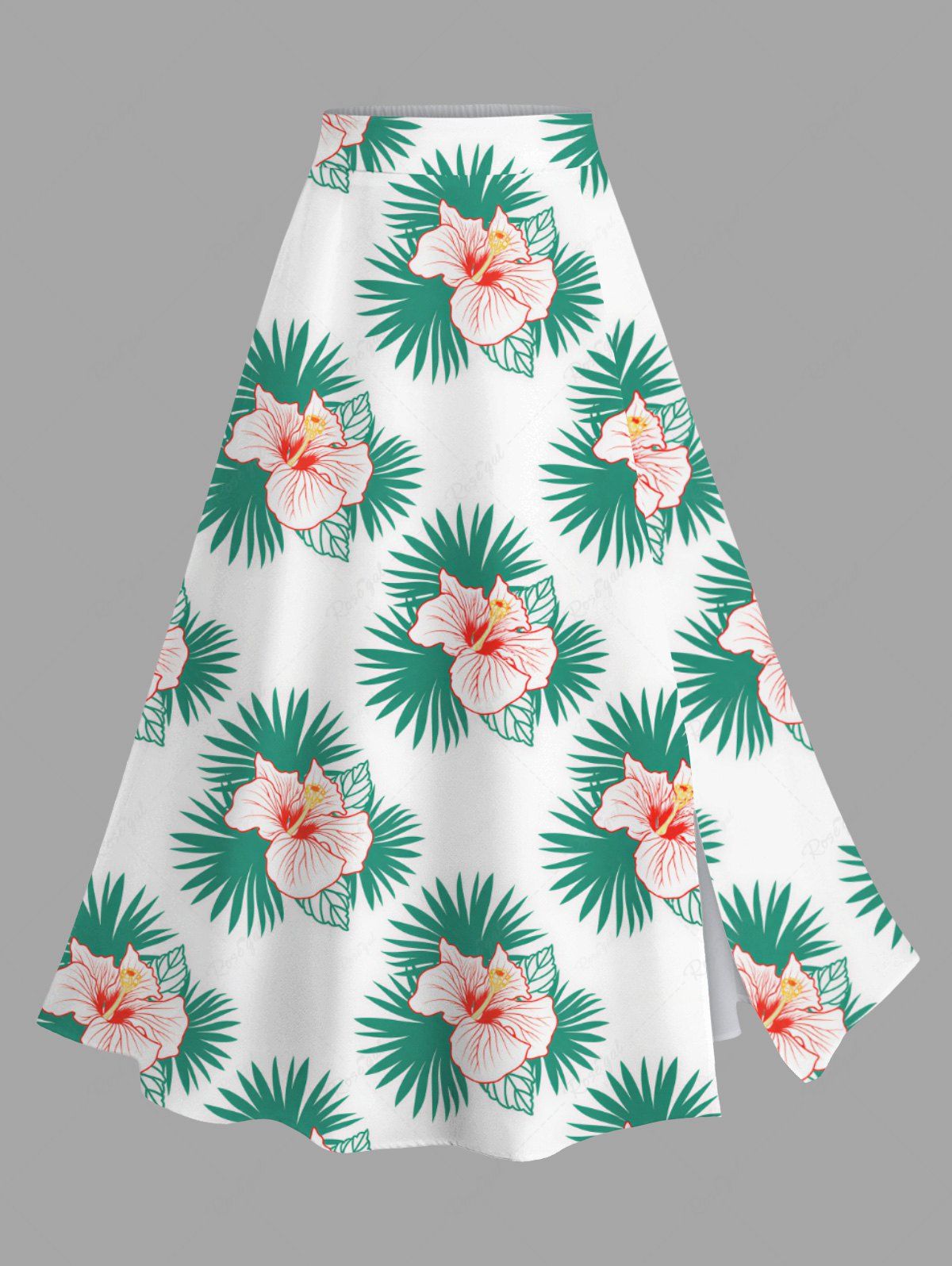 Affordable Plus Size Hibiscus Flowers Tropical Leaf Print Split Hawaii Skirt  