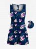Ensemble hawaïen assorti chemise et barboteuse grande taille, tenue de plage à imprimé feuilles tropicales et hibiscus pour couples - Bleu de Minuit 