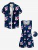 Ensemble hawaïen assorti chemise et barboteuse grande taille, tenue de plage à imprimé feuilles tropicales et hibiscus pour couples - Bleu de Minuit 
