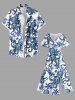 Robe midi trapèze grande taille à imprimé hibiscus et pieuvre, style hawaïen, avec poches fendues - Bleu Ciel 1X