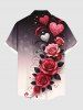 Plus Size Rose Flower Heart Dip Dye Ombre Print Valentines Button Pocket Shirt For Men -  