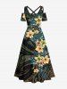 Plus Size Hibiscus Flowers Tropical Leaf Print Cold Shoulder Crisscross Hawaii Maxi Dress -  