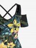 Plus Size Hibiscus Flowers Tropical Leaf Print Cold Shoulder Crisscross Hawaii Maxi Dress -  
