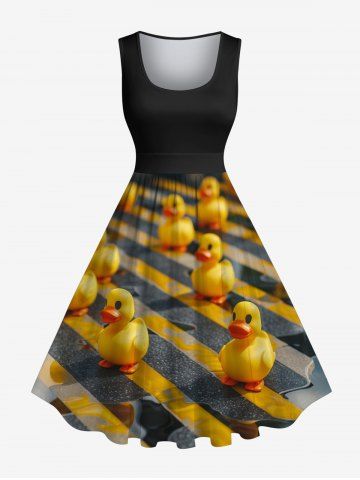 Plus Size Ducks Road Print 1950s Vintage Hawaii Dress - BLACK - 4X