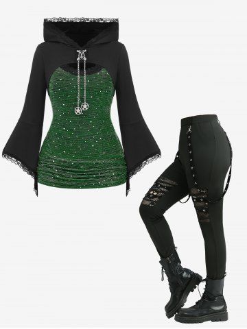 T-shirt à capuche à manches évasées et bordure en dentelle froncée et leggings résille ajourés à motif tête de mort, tenue grande taille - TURQUOISE