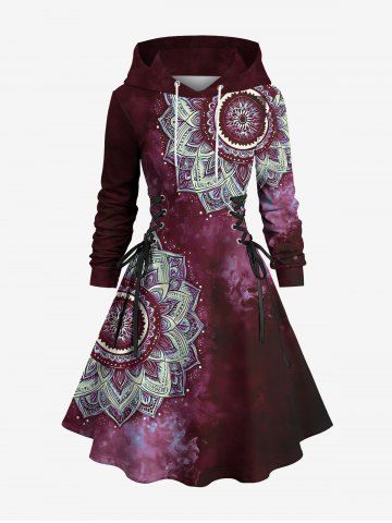 Plus Size Galaxy Tie Dye Flowers Print Lace Up Drawstring Hoodie Dress - BLACK - S