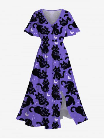 Robe midi fendue grande taille à imprimé chats, étoiles et lune - PURPLE - L