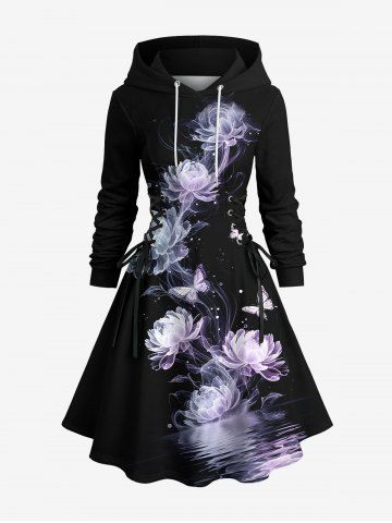 Plus Size Valentine's Day Rose Flowers Butterfly Print Lace Up Drawstring Hoodie Dress - BLACK - M