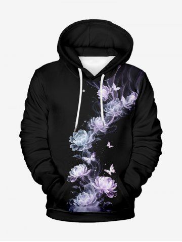Plus Size Valentine's Day Rose Flowers Butterfly Print Pocket Drawstring Hoodie For Men - BLACK - 2XL