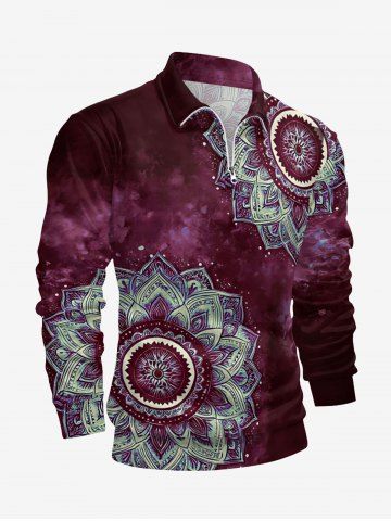 Plus Size Galaxy Tie Dye Flowers Print Zipper Polo Shirt For Men - DULL PURPLE - XS