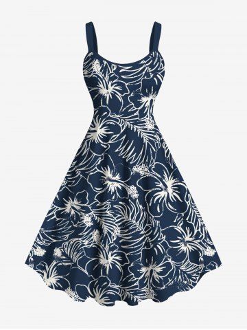 Robe débardeur hawaïenne à imprimé feuilles tropicales et fleurs d&#39;hibiscus grande taille - BLUE - XS