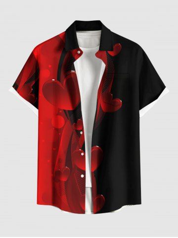 Plus Size Valentine's Day Heart Ombre Colorblock Print Buttons Pocket Shirt For Men - RED - 4XL