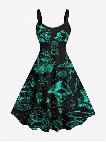 Robe débardeur hawaïenne imprimée style film de croisière avec gouvernail de bateau pirate grande taille - BLACK - XXS