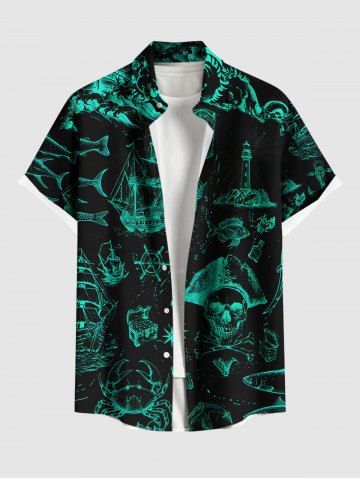 Plus Size Pirate Ship Rudder Fish Cruise Film Style Print Buttons Pocket Hawaii Shirt For Men - BLACK - L