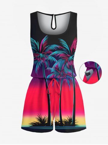 Combinaison hawaïenne grande taille à imprimé colorblock dégradé cocotier et taille haute - BLACK - 5X