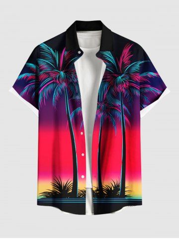 Plus Size Coconut Tree Ombre Colorblock Print Buttons Pocket Hawaii Shirt For Men - RED - XL