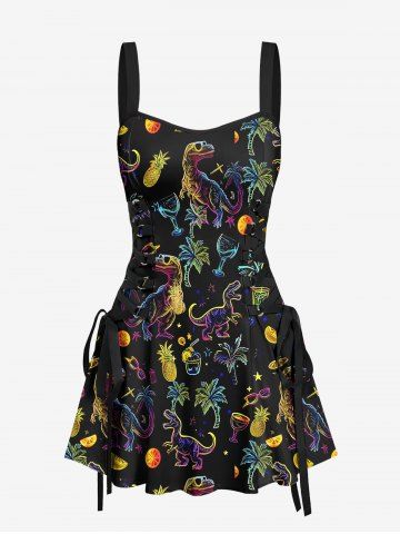 Robe hawaïenne à lacets, imprimé dinosaure, cocotier et jus d&#39;ananas - BLACK - L
