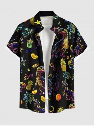 Plus Size Dinosaur Coconut Tree Pineapple Juice Print Buttons Pocket Hawaii Shirt For Men - BLACK - L