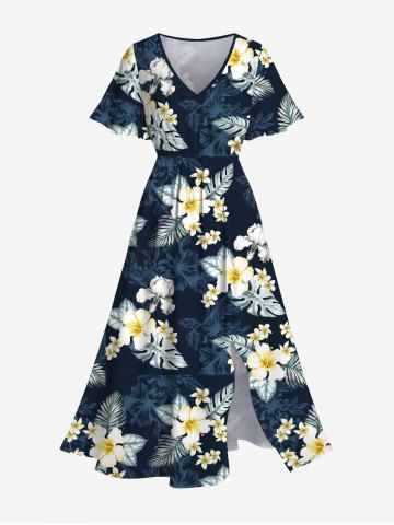 Plus Size Hibiscus Flowers Tropical Leaf Print Split Hawaii Midi Dress - NAVY BLUE - XS