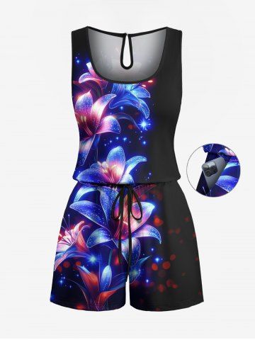 Combinaison hawaïenne grande taille à imprimé fleurs, étoiles et paillettes 3D, taille cintrée - BLACK - 2X