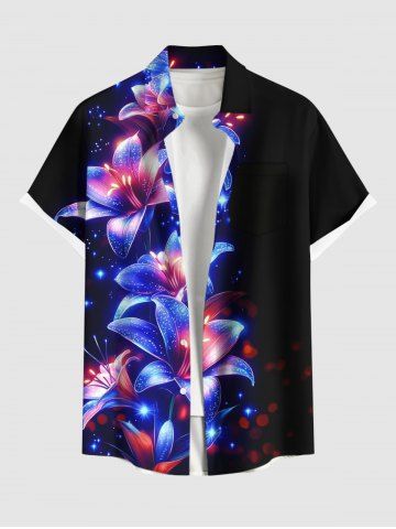 Plus Size Flowers Star Glitter 3D Print Buttons Pocket Hawaii Shirt For Men - BLACK - 2XL