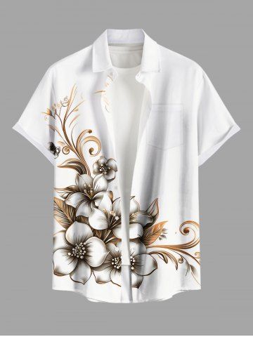 Plus Size Flowers Leaf Print Buttons Pocket Hawaii Shirt For Men - WHITE - 4XL