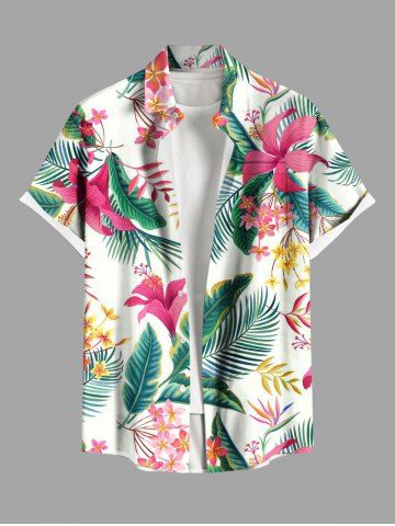 Plus Size Tropical Flowers Leaf Print Buttons Pocket Hawaii Shirt For Men - WHITE - 2XL