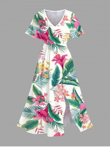 Robe midi hawaïenne fendue à imprimé de fleurs tropicales et de feuilles, grande taille - WHITE - 4X