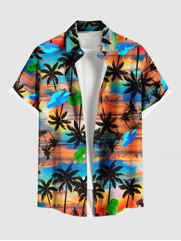 Chemise hawaïenne grande taille pour homme, avec imprimé nuage et cocotiers, ciel coloré, boutons et poche. - ORANGE - 4XL