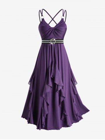 Plus Size Ruffles Trim Twist Crisscross Strapy Cami Dress With Stripes Print Belt - PURPLE - 1X | US 14-16