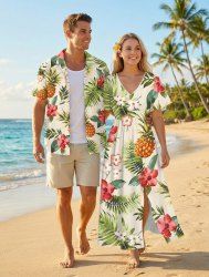 Tropical Leaf Hibiscus Flower Pineapple Print Plus Size Matching Hawaii Beach Outfit For Couples -  