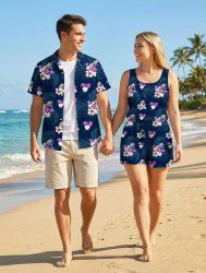 Ensemble hawaïen assorti chemise et barboteuse grande taille, tenue de plage à imprimé feuilles tropicales et hibiscus pour couples - Bleu de Minuit 