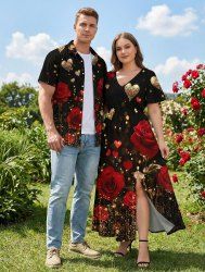 Valentines Rose Flower Glitter Heart Printed Plus Size Matching Outfit For Couples -  