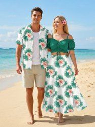 Hibiscus Flowers Tropical Leaf Print Plus Size Matching Hawaii Beach Outfit For Couples -  
