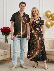 Ensemble assorti grande taille pour couples, imprimé 3D cœur et étoile pailleté, idéal pour la Saint-Valentin - Noir 