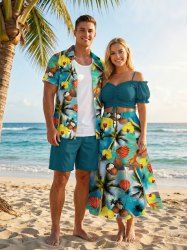 Coconut Tree Sea Shell Flower Print Plus Size Matching Hawaii Beach Outfit For Couples -  