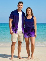 Ensemble hawaïen assorti chemise et barboteuse grande taille, tenue de plage à imprimé galaxie ombré cocotier pour couples - Noir 