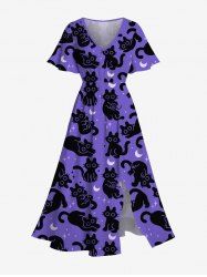 Plus Size Cats Star Moon Print Split Midi Dress -  