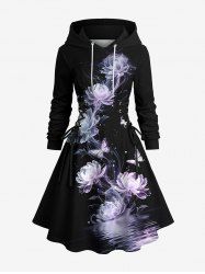 Plus Size Valentine's Day Rose Flowers Butterfly Print Lace Up Drawstring Hoodie Dress -  