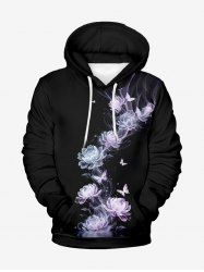 Sweat à capuche grande taille pour homme, imprimé roses et papillons, avec poche et cordon de serrage, idéal pour la Saint-Valentin. - Noir 6XL