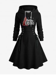 Plus Size Christmas Tree Plaid Print Lace Up Drawstring Hoodie Dress - Noir 5X