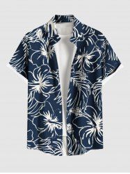 Chemise hawaïenne grande taille pour homme, à imprimé feuilles tropicales et fleurs d'hibiscus, boutons et poche. - Bleu Marine 6XL
